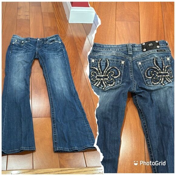 Miss Me Jeans Womens Boot Rhinestone Pockets Distressed Stretch Fleur De Lis 29 - Picture 1 of 15